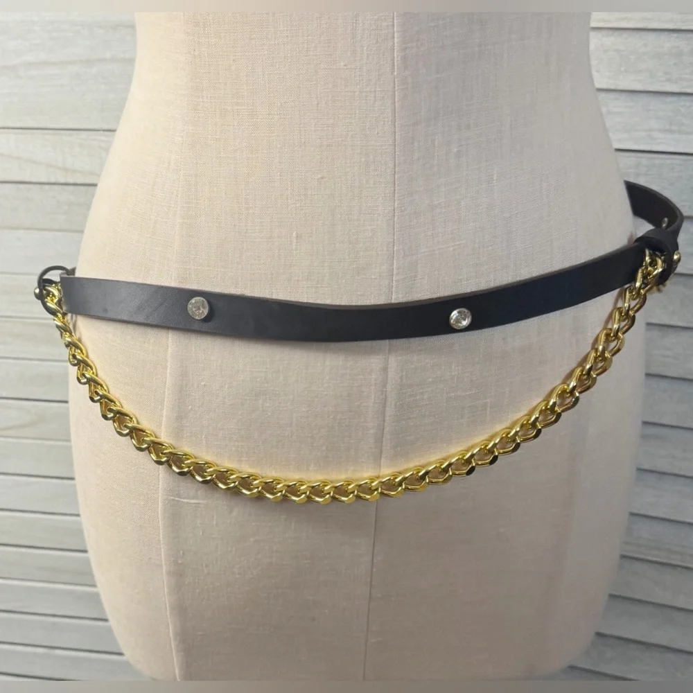 Bebe Leather Belt with Rhinestones and Gold Chains. New with Tags. Size M/L
